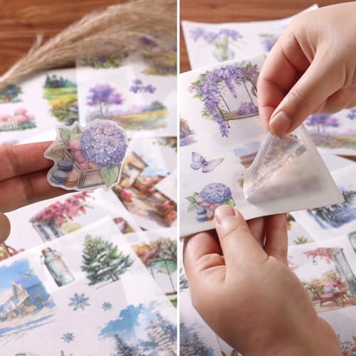 Scrapbook Stickers 50 Sheets Seasonal Landscape Sticker 400 Pre-Cut Washi Stickers Scrapbooking Supplies Collage Decorative DIY Arts Craft Making - color: Purple