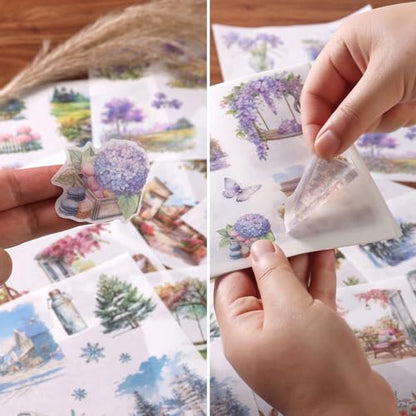Scrapbook Stickers 50 Sheets Seasonal Landscape Sticker 400 Pre-Cut Washi Stickers Scrapbooking Supplies Collage Decorative DIY Arts Craft Making - color: Purple
