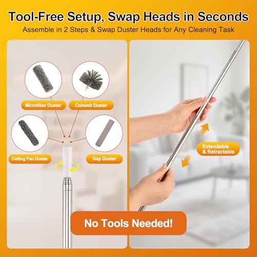 Tiumso Microfiber Feather Duster 5-in-1 Kit, Dusters for Cleaning, Duster with Extension Pole 100 Inches, Cobweb Duster, Microfiber Dusters for High Ceilings and Fans, Blinds, Cars and Furniture - color: A Gray
