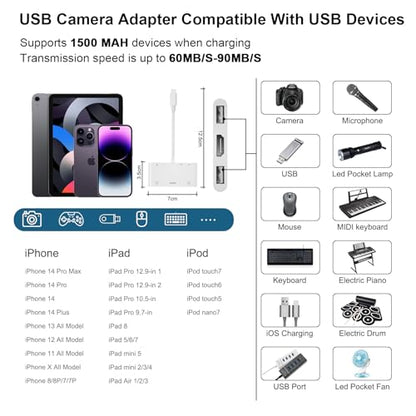 Lightning to HDMI Adapter with USB Camera and Charging Port, SD Card Reader for iPhone, 6 in 1 Camera Adapter to iPhone, Supports MIDI Keyboard, Mouse, HD TV/Projector/Monitor, Plug & Play