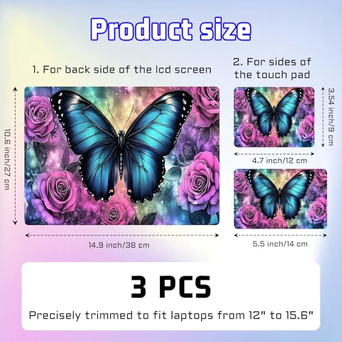 Universal Laptop Skin Sticker Decal, Compatible with MacBook HP Dell Lenovo 12"-15.6", Reusable Vinyl Notebook Cover 3PCS Set, High-Recognition Film-Blue Butterfly with Pink Rose - color: Blue Butterfly with Pink Rose