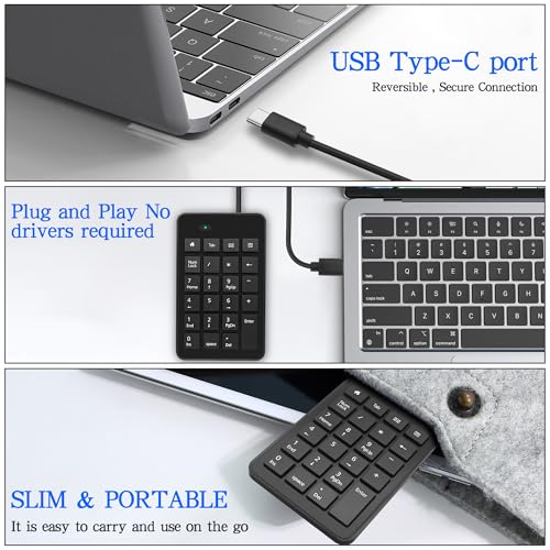 XMSJSIY USB Type-C Number Pad Wired 23 Keys Type-C Numeric Keypad with Tab, Home, Email & Calculator Keys for Laptop, PC, Desktop, Computer, Notebook -1 Pcs
