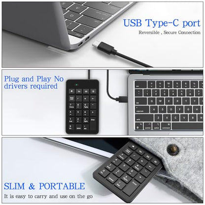 XMSJSIY USB Type-C Number Pad Wired 23 Keys Type-C Numeric Keypad with Tab, Home, Email & Calculator Keys for Laptop, PC, Desktop, Computer, Notebook -1 Pcs