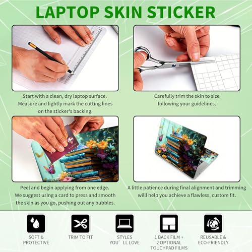 Laptop Skin Sticker Decal, Universal Protective Cover Fit 12 13 14 15.6 Inch Notebook, Reusable Water-Resistant Vinyl Decal w/ 2 Wrist Pads for Business Travel Office, Book Butterfly Flowers - color: Book Butterfly Flowers