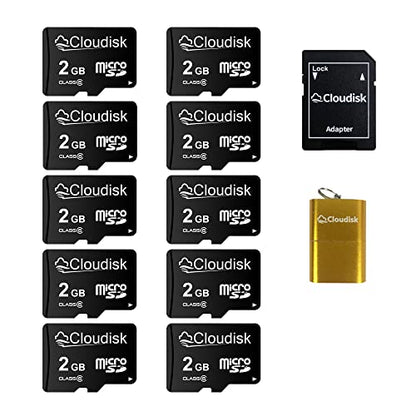 Pack of 10 Micro SD Card 2GB Flash Memory Card C6 with SD Adapter, Card Reader (2GB) - size: 2GB
