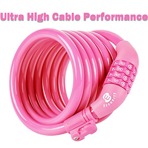 Etronic Bike Lock M6, Cable Lock 6 Feet Long Coiled Security Resettable Combo Combination Lock Bicycle Lock with Mounting Bracket - color: Pink