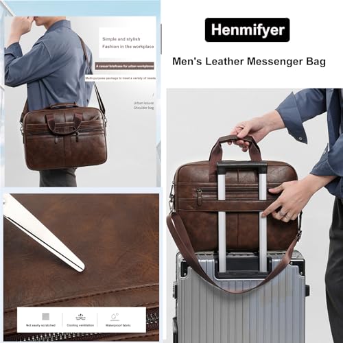 Leather Laptop Bag for Men, Briefcase Crossbody Shoulder Messenger Bag Business Travel Work Attache Case - color: Brown