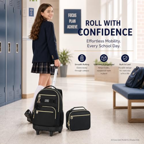 3Pcs Rolling Backpack for Boys Men, 19 Inche Adults Roller Backpacks with Wheels, School Wheeled Bookbag with Lunch Box(Black) - color: Classic Black