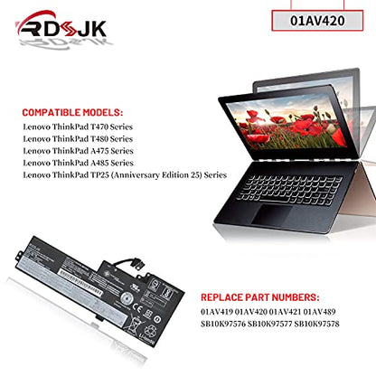 01AV420 01AV421 01AV489 01AV419 Laptop Battery for Lenovo ThinkPad T470 20HE T480 A475 A485 TP25(Anniversary Edition 25) Series SB10K97576 SB10K97577 SB10K97578 11.4V/11.46V 24Wh(Built-in Battery)