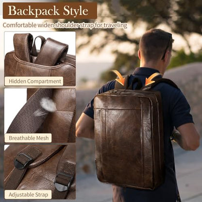 Faux Leather Messenger Bag for Men 17-17.3 Inch: Convertible 3 in 1 Backpack Laptop Bag Briefcase Computer Handbags Shoulder Crossbody Bag with Padded Laptop Sleeve for Work College Travel, PU Coffee - color: Pu Brown Coffee