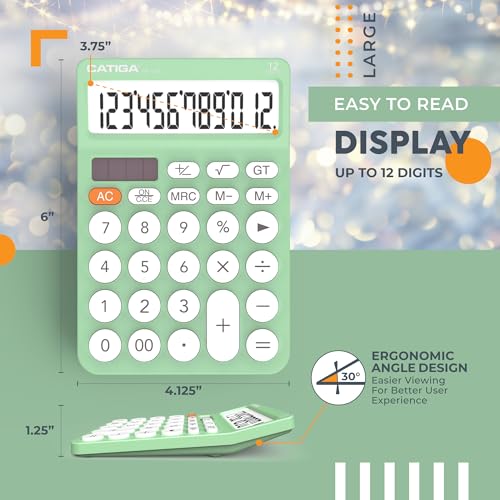 CATIGA 12 Digit Desktop Calculator Basic Desk Calculator with Large LCD Display, Big Buttons, 4 Function, Solar and Battery Dual Power, for Office, School, Home, SD-1292 Mint - color: 5.3) Mint