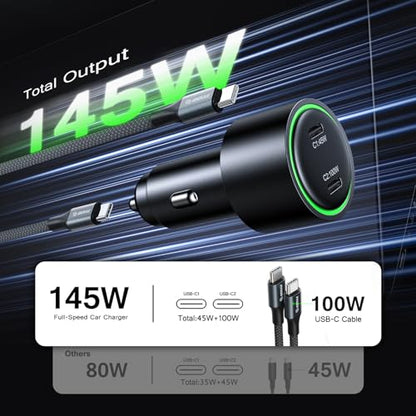 Esoulk145W USB C Car Charger Dual Port Cigarette Lighter Phone Charger | 145W fast dual USB-C car charger, includes 6ft 100W braided USB-C cable, charges 2 phones, tablets, or laptops.