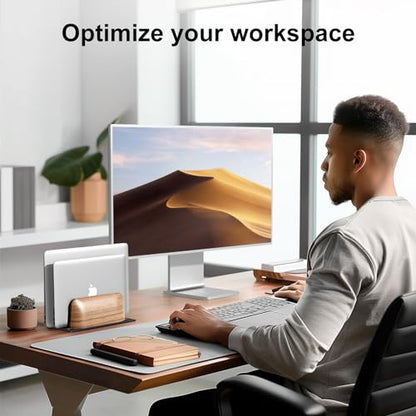 UPERGO Vertical Laptop Stand, Dual Slot Wood Holder for Desk | Solid Walnut & Aluminum, Width Adjustable 0.47"-1.1", Anti-Scratch Silicone Pads, Handcrafted