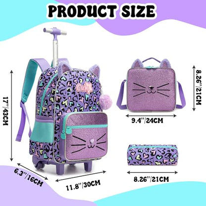 Meetbelify Backpack with Wheels for Girls Rolling Backpack Cute Carry on Backpack for Elementary Student - color: Cat Purple