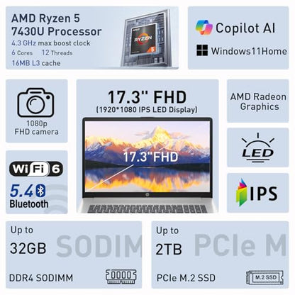 HP 17.3” FHD IPS LED Anti-Glare 300 nits Laptop, AMD Ryzen 5 7430U 6-core CPU, 32GB RAM, 1TB Storage, Webcam w/Shutter, Microsoft Copilot Key, Wi-Fi 6, BT 5.4, Win11H, w/Laptop Cooler, 17-cp3000 - size: 32GB RAM | 1TB SSD