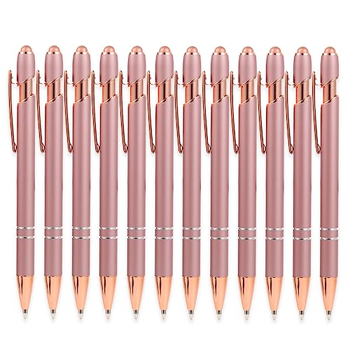 MengRan Rose Gold Pens with Stylus Tip, Black Ink, 12 Pack | Medium Point, 2 in 1 Click Ballpoint Pens & Stylus Pens for Touch Screens