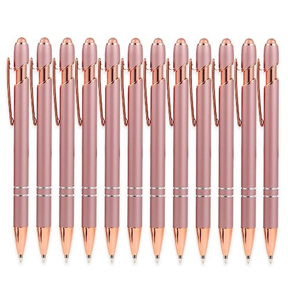 MengRan Rose Gold Pens with Stylus Tip, Black Ink, 12 Pack | Medium Point, 2 in 1 Click Ballpoint Pens & Stylus Pens for Touch Screens