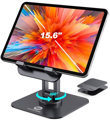 OCYCLONE iPad Stand, 360° Rotating Adjustable Foldable iPad Tablet Stand Holder for Desk Compatible with Kindle Tablet iPad 4" - 15.6" Portable Monitor Stand, Black