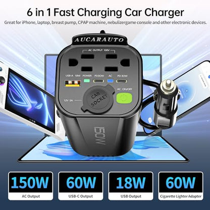 150W Power Inverter 6 in 1 DC 12V to 110V AC Inverter with 60W Dual USB-C and 18W USB-Fast Charger & 2 AC Outlets, Car Pluɡ Adapter Outlet for Laptop/Phone/GPS | Cup Holder Design for Travel - size: 150W
