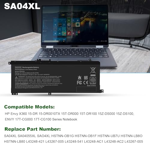 SA04XL Laptop Battery Compatible with HP Envy X360 15-DR 15-DR0010TX 15t-dr100 17t-cg100 17-cg100 Series Notebook L43248-541 L43248-AC1 L43248-AC2 L43267-005 SAO4XL HSTNN-OB1F HSTNN-OB1G HSTNN-UB7U - size: 10.04*3.94*0.2inch SA04XL