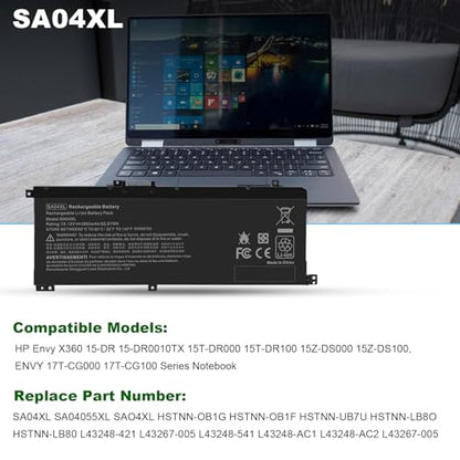 SA04XL Laptop Battery Compatible with HP Envy X360 15-DR 15-DR0010TX 15t-dr100 17t-cg100 17-cg100 Series Notebook L43248-541 L43248-AC1 L43248-AC2 L43267-005 SAO4XL HSTNN-OB1F HSTNN-OB1G HSTNN-UB7U - size: 10.04*3.94*0.2inch SA04XL