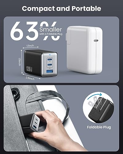 128W USB C Wall Charger,GaN III 3-Port Fast Charging Station,PD QC Foldable Charger Block Portable 65W Laptop Adapter for MacBook Pro/Air,iPad Pro,Galaxy S23,Dell XPS 13,iPhone 17/16/Pro etc - color: Black