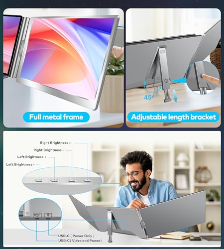 14" Laptop Screen Extender Triple Monitor Laptop Extender [1 Cable for Dual Monitors ] 1200P FHD 360° Rotation Screen Portable Monitor for 13-17" Laptops with USB-C /2 USB-A (MacOS, Wins)