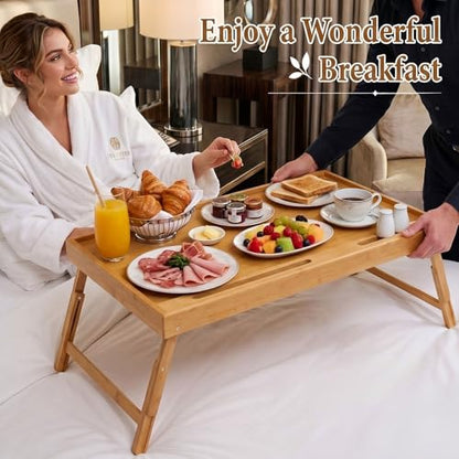 Bamboo Bed Tray Table with Adjustable Height Extra Large Breakfast Food Tray with Folding Legs, Media Slot & Handle, 30.3 x 15 Inch Laptop Desk for Eating, Working, Sofa, Couch, Bed