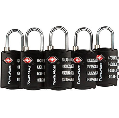5 Pack TSA Luggage Locks with 4 Digit Combination – Heavy Duty Set Your Own Padlocks for Travel, Baggage, Suitcases & Backpacks - Black - color: Black, size: 5 Pack