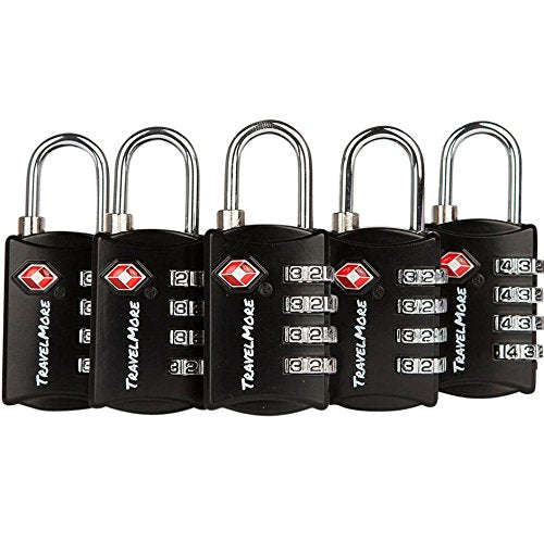 5 Pack TSA Luggage Locks with 4 Digit Combination – Heavy Duty Set Your Own Padlocks for Travel, Baggage, Suitcases & Backpacks - Black - color: Black, size: 5 Pack