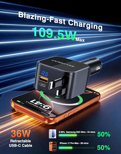 Seamount 4-in-1 Retractable Car Charger 109.5W | PD QC 3.0 Fast USB C Adapter with Voltage Display, Compatible with iPhone 17 16 15 14, MacBook, Android