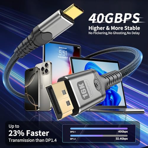 MaxRenard USB-C to DisplayPort 2.1 Cable 16K@30Hz/8K@120Hz/4K@240Hz Gaming-Grade, Thunderbolt 4/3 Compatible 40Gbps High-Speed, for MacBook M4/Dell XPS/Surface Pro & Gaming Monitors (10Feet) - size: 10Feet, style: 16K-1Pack