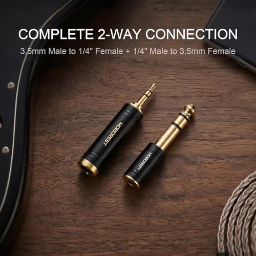MOBOREST 3.5mm to 1/4 (6.35mm) Stereo Pure Copper Headphone Adapter, 2PCS | 1/8 Male to 1/4 Female & 3.5 F to 6.35 M Bidirectional audio adapter for Guitar Amp, Mixer, Piano keyboard, Studio Home Audio - color: BLACK