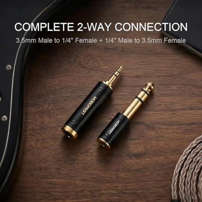 MOBOREST 3.5mm to 1/4 (6.35mm) Stereo Pure Copper Headphone Adapter, 2PCS | 1/8 Male to 1/4 Female & 3.5 F to 6.35 M Bidirectional audio adapter for Guitar Amp, Mixer, Piano keyboard, Studio Home Audio - color: BLACK
