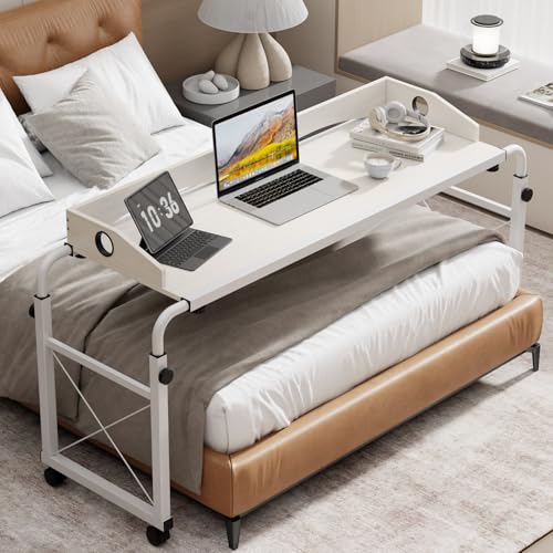 BYMECOST Laptop Desk for Bed, Adjustable Height & Length Laptop Bed Table | Overbed Table with Wheels for Queen Size Beds,Rolling Standing Desk,Over Bed Desk for Working Reading Eating - color: White