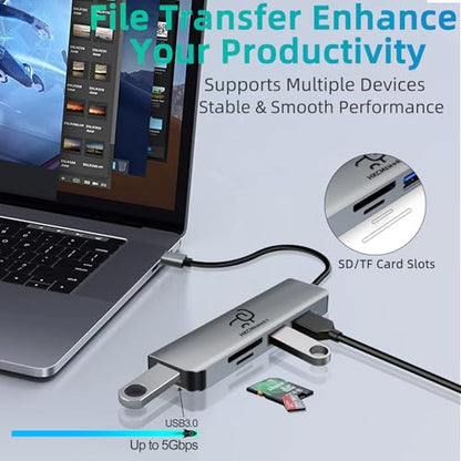 USB A Hub 5-in-1 Aluminum Adapter, with USB 3.0, USB 2.0 Ports, SD/TF Card Reader, for A Port Laptop, PC, Desktop,PS4/5, Xbox and More