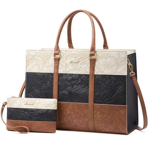 LOVEVOOK Laptop Bag for Women, 17.3 Inch Laptop Tote Bag, Vintage Leather Work Bags for Women, Waterproof Computer bag with Clutch Purse, Large Capacity Briefcase, Business Office Bag - color: Black-white-brown Embossed, size: 17.3 inch