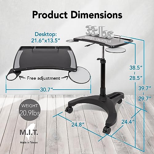 EHO Mobile Laptop Standing Desk Carts on Wheels with Stationery Storage, Pneumatic, Height Adjustable Rolling Stand, Sit to Stand Computer Cart, Workstation for Home, Office, Medical and School - style: Pro Desk