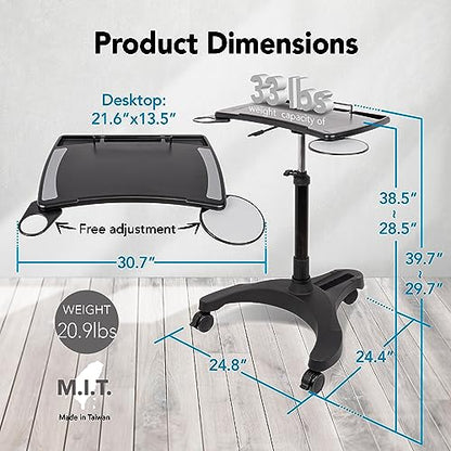 EHO Mobile Laptop Standing Desk Carts on Wheels with Stationery Storage, Pneumatic, Height Adjustable Rolling Stand, Sit to Stand Computer Cart, Workstation for Home, Office, Medical and School - style: Pro Desk