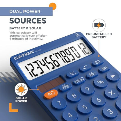 CATIGA 12 Digit Desktop Calculator Basic Desk Calculator with Large LCD Display, Big Buttons, 4 Function, Solar and Battery Dual Power, for Office, School, Home, SD-1292 Navy Blue - color: 5.1) Navyblue