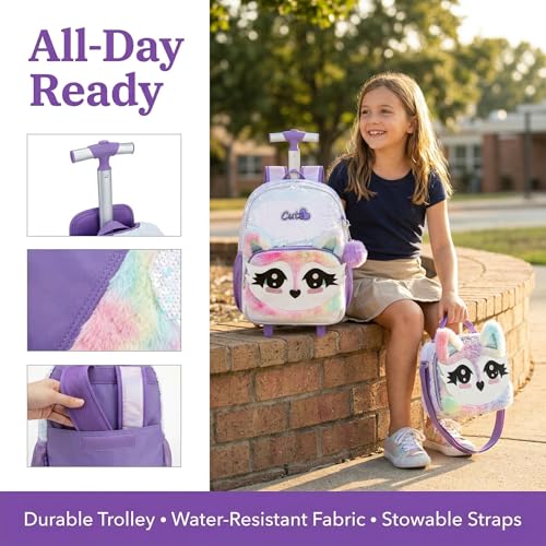 3PCS Kids Fluffy Cat Rolling Backpack for Girls, White Sequins | Trolley Suitcases Luggage Travel with Wheels, Roller Backpacks Set Toddler Back Pack School Bags Elementary Bookbag Wheeled - color: White-0121-huli