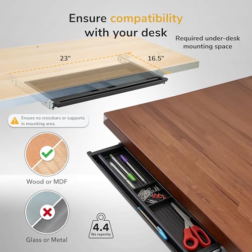 Mount-It! Under Desk Pencil Drawer | 21.25” W, Ball Bearing Slide-Out Organizer for Office Supplies, Paper & Pencils | Fits Desks Over 1” Thick, Adjustable Extension 16.25”–28” - size: 6 Inch Deep