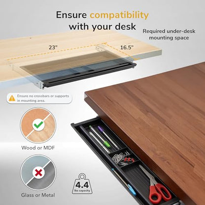 Mount-It! Under Desk Pencil Drawer | 21.25” W, Ball Bearing Slide-Out Organizer for Office Supplies, Paper & Pencils | Fits Desks Over 1” Thick, Adjustable Extension 16.25”–28” - size: 6 Inch Deep