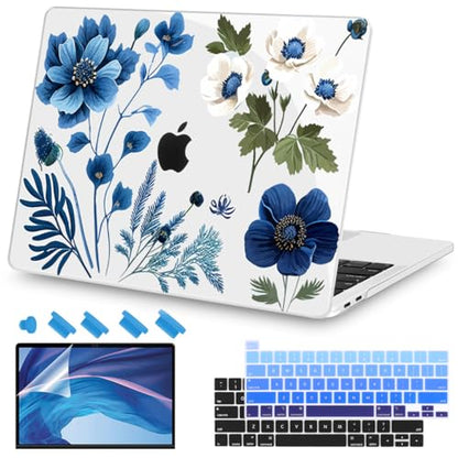 Teryeefi Compatible with M2 M1 MacBook Pro 13 Inch Case A2338 A2289 A2251 A2159 A1989 A1706 A1708 (2024 20203 2022-2016), Hard Shell Case & Keyboard Cover for Mac Pro 13" - Blue Plant Flower - color: Blue Plant Flower
