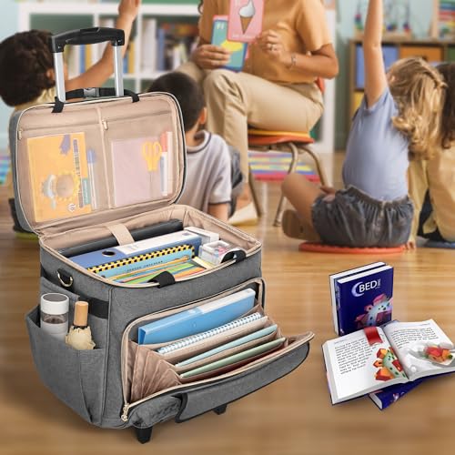 LUXJA Rolling Teacher Bag with Laptop Compartment and Detachable Dolly, Multifunctional Rolling Briefcase with Accordion File Area (Patented), Gray - color: Gray