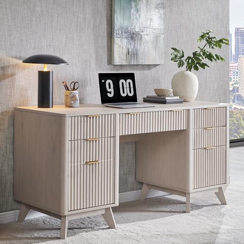 T4TREAM Fluted Executive Desk with Drawers, 60" Modern Home Office Computer Desk with Charging Station, File Cabinet, Keyboard Tray and Storage Cabinet for Study, Living Room, Bedroom, Alder White - color: Alder White