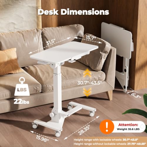 JOY worker Foldable Mobile Standing Desk on Wheels, 180° Tilt Bedside Table | Height Adjustable, 31.5" White MDF Board with Lips, Collapsible Top & Base for Storage, Rolling Laptop Desk for Home Hospital - color: White, size: Height 30.7"-43.5"