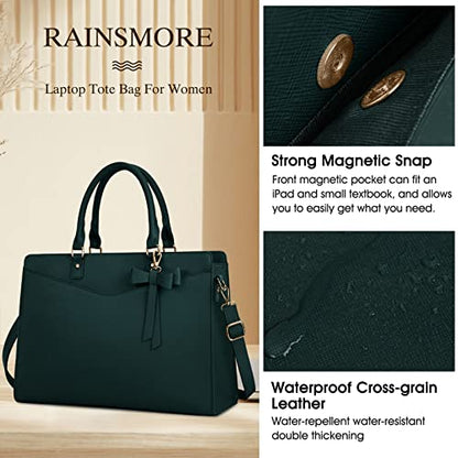 RAINSMORE Laptop Bag for Women 15.6 Inch PU Tote Bag Business Work Bag Waterproof Briefcase Computer Tote Lightweight Handbag Shoulder, Dark Green - color: Dark Green