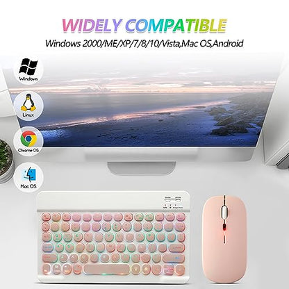 Bluetooth Keyboard and Mouse Combo for iPad - Rechargeable Wireless Keyboard & Mouse with 7-Color Backlit Compatible with iPad 9th/8th Gen, iPad Pro/Air/Mini, iPhone14/13/12 Pro, Round Keys Pink - color: pink