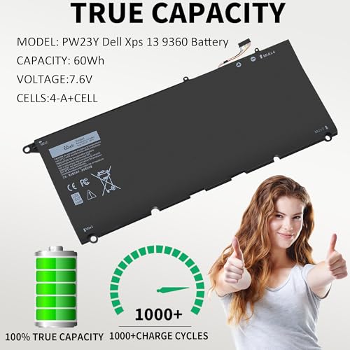 New PW23Y Laptop Battery Replacement for Dell XPS 13 9360 P54G002 13-9360-D1605G 13-9360-D1605T 13-9360-D1609 13-9360-D1609G 13-9360-D1705G Series Rechargeable TP1GT RNP72 0RNP72 0TP1GT - size: 8.1 x 5.3 x 0.3 inches PW23Y BATTERY